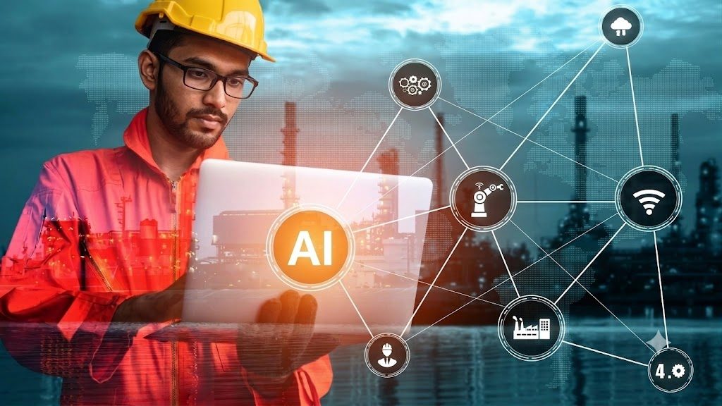 Technician using a tablet against an Knowledge Management 4.0 overlay