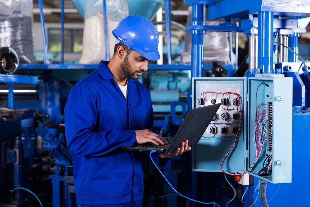 Engineer inspecting field instrumentation on a plant walkway